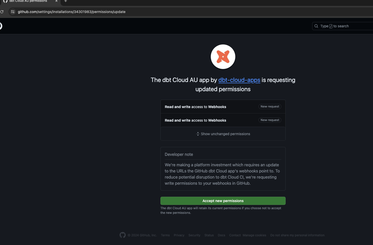 Grant access to the dbt Cloud app by accepting the new permissions. Grant access to the dbt Cloud app by accepting the new permissions.